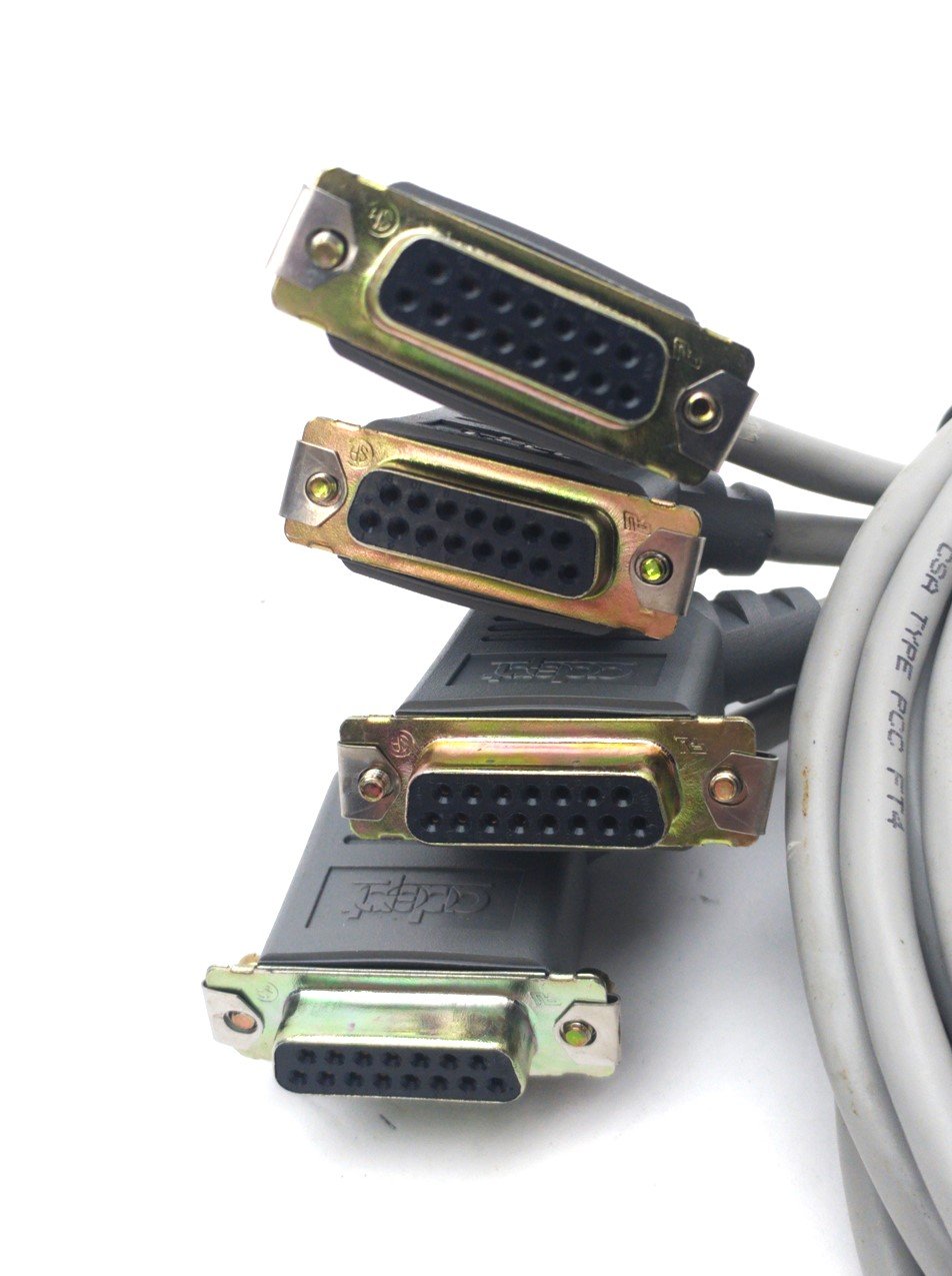 Used Adept 10330-11145 Rev. A VJI Amp Robot Cable Assembly, DB50 to 4x DB15, 7' Long