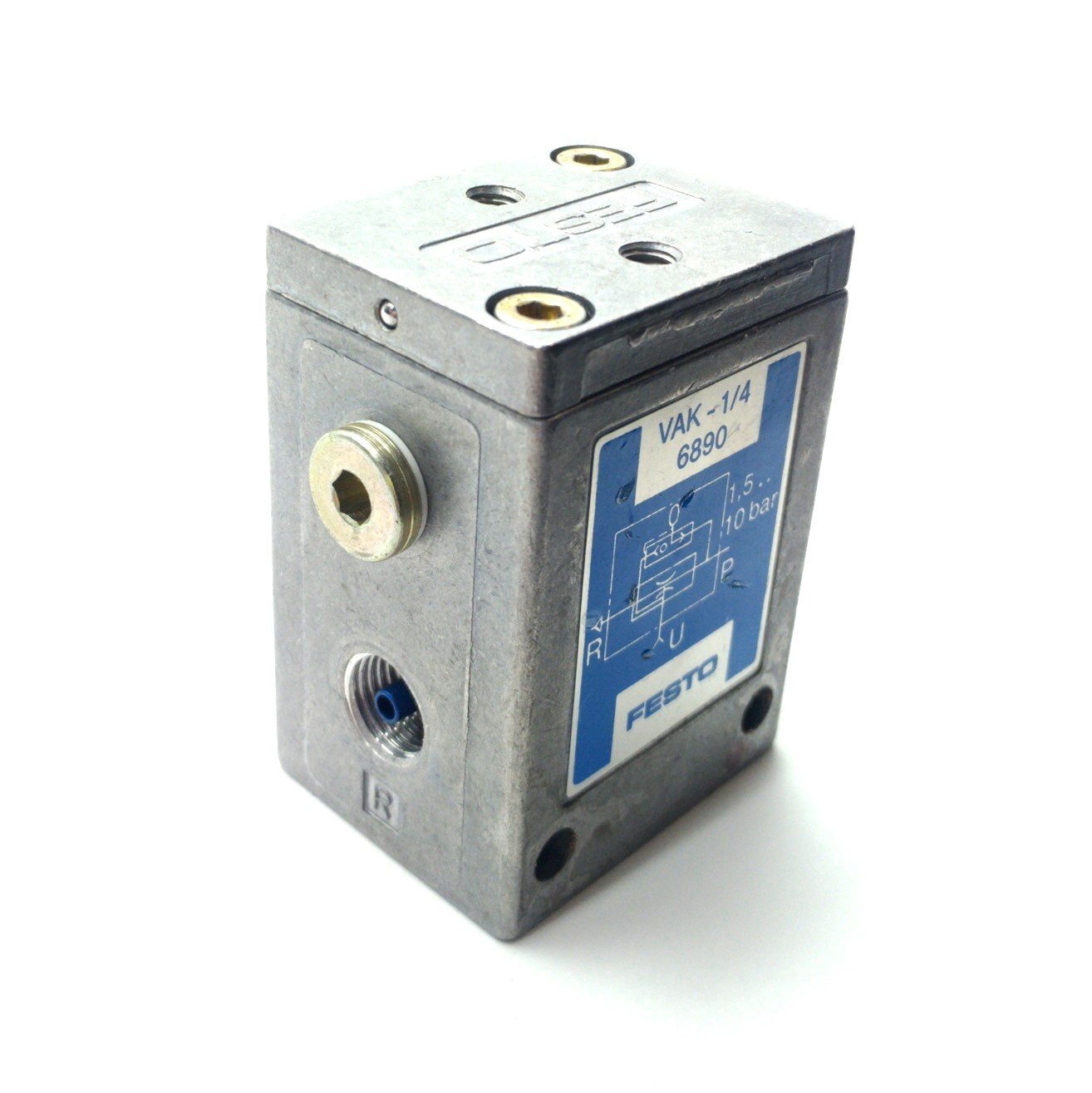 Used Festo 6890 VAK-1/4 Vacuum Generator, 80% Vacuum, 21-145PSI, 1/4"NPT