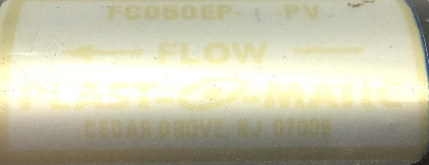 Used Plast-O-Matic FC050EP PV Flow Control Valve 1/2" NPT, 1 GPM, 2.25" Long, PVC