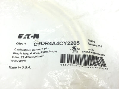 New Eaton SDR4A4CY2205 Micro Series Cable, 4-Pin Right Angle 5mm 22AWG 300V 80°C