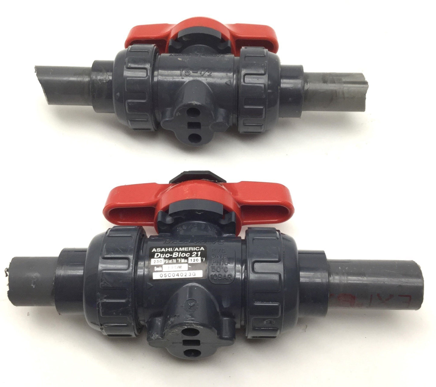 Used Lot of 2 Asahi AV Valve 15-1/2 PVC Ball Valves Duo-Bloc 21 EPDM Seals 230PSI Max