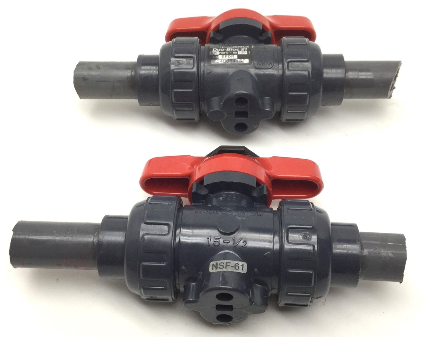 Used Lot of 2 Asahi AV Valve 15-1/2 PVC Ball Valves Duo-Bloc 21 EPDM Seals 230PSI Max