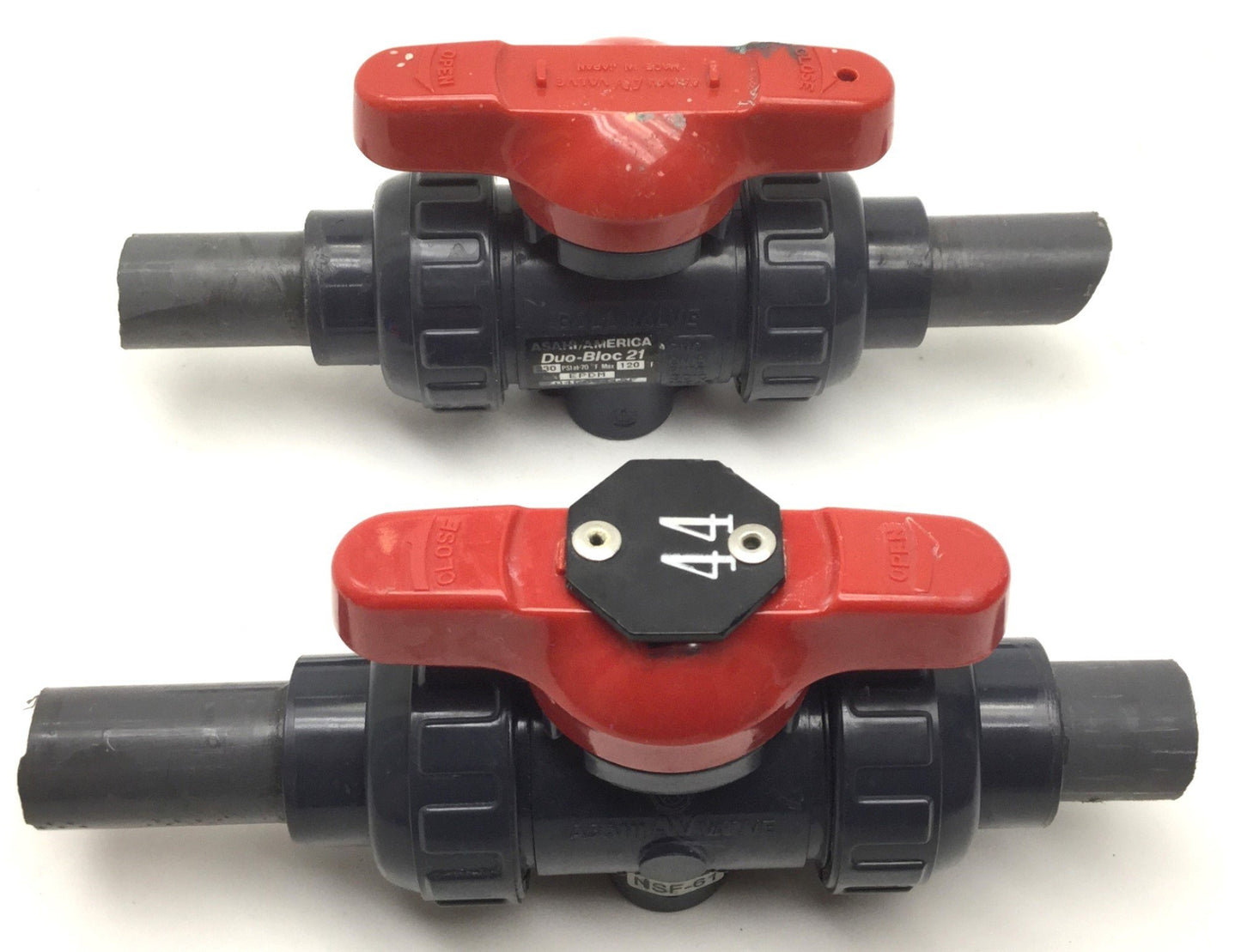Used Lot of 2 Asahi AV Valve 15-1/2 PVC Ball Valves Duo-Bloc 21 EPDM Seals 230PSI Max
