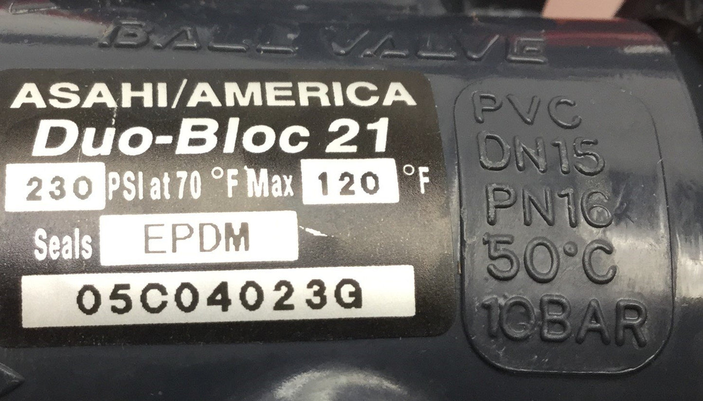 Used Lot of 2 Asahi AV Valve 15-1/2 PVC Ball Valves Duo-Bloc 21 EPDM Seals 230PSI Max