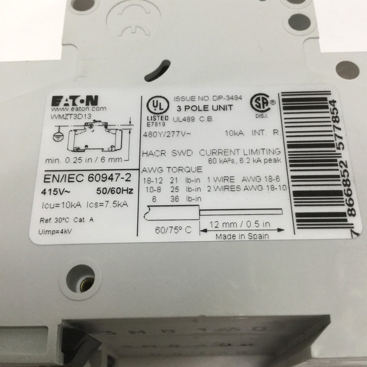 New – Open box Eaton WMZT3D13 Circuit Breaker, 3-Pole, Rating: 13A 480Y/277VAC, D-Curve