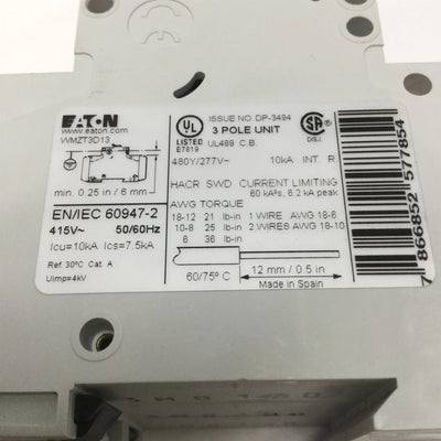 New – Open box Eaton WMZT3D13 Circuit Breaker, 3-Pole, Rating: 13A 480Y/277VAC, D-Curve