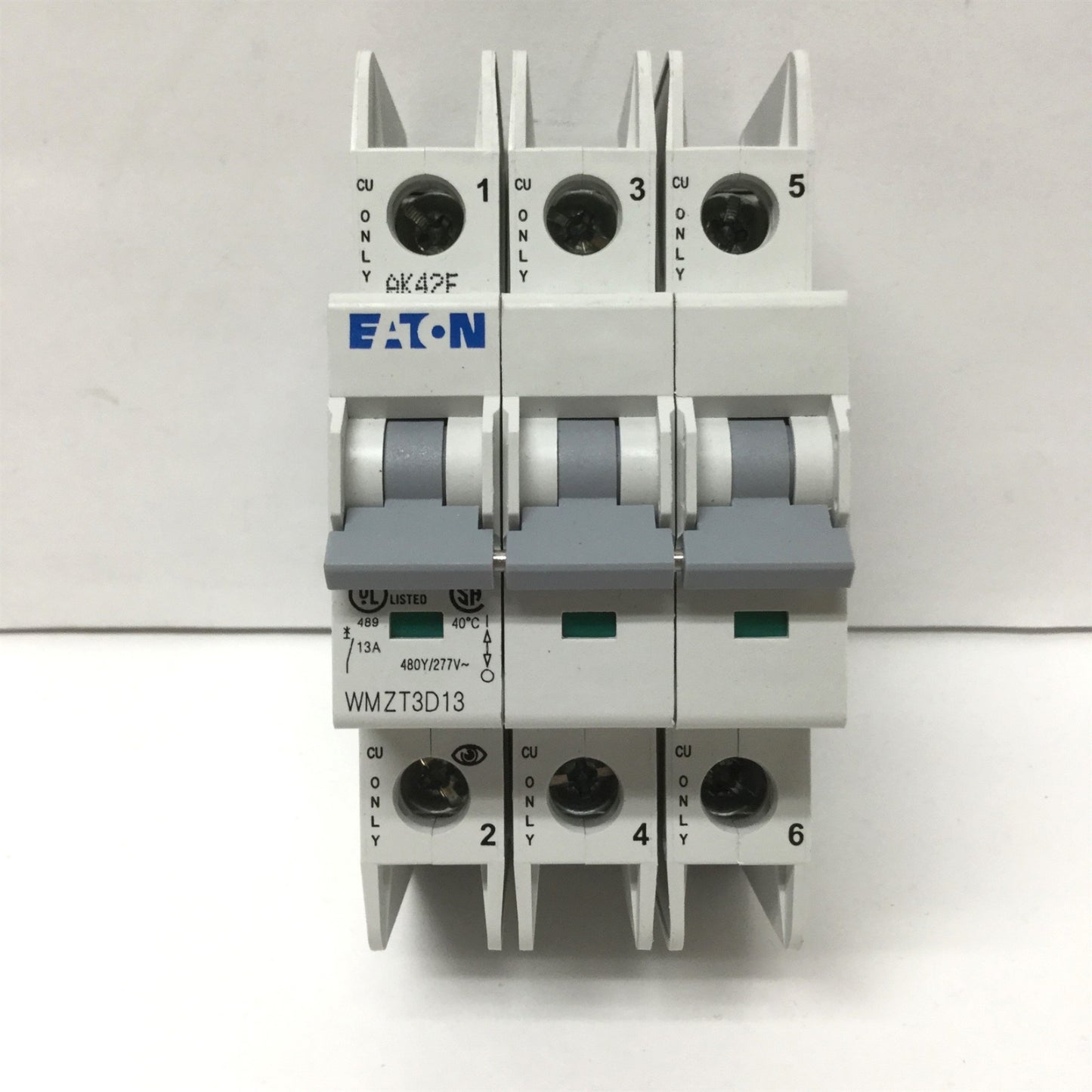 New – Open box Eaton WMZT3D13 Circuit Breaker, 3-Pole, Rating: 13A 480Y/277VAC, D-Curve