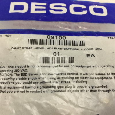 New Desco 09100 Jewel Adjustable Elastapphire Wrist Strap, 6' Cord, 4mm