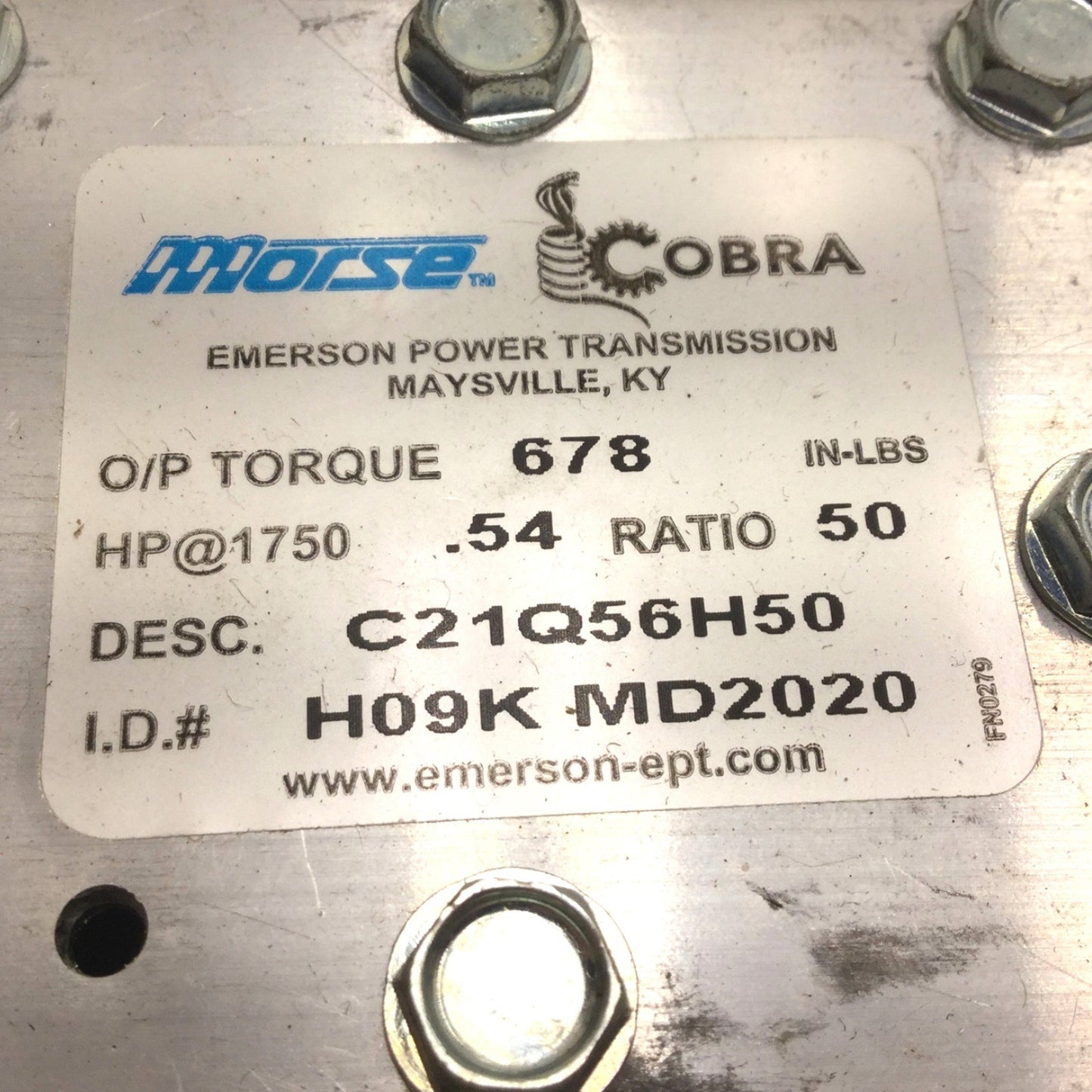 New – Open box New Morse 216Q56H50 Worm Gear Reducer 50:1, O/P Torque: 678 In-lbs, .54HP@1750