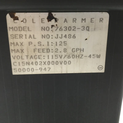 Used Cole Parmer 76302-30 Diaphragm Pump, Flow: 2.8GPM, Pressure: 125psi, 115VAC