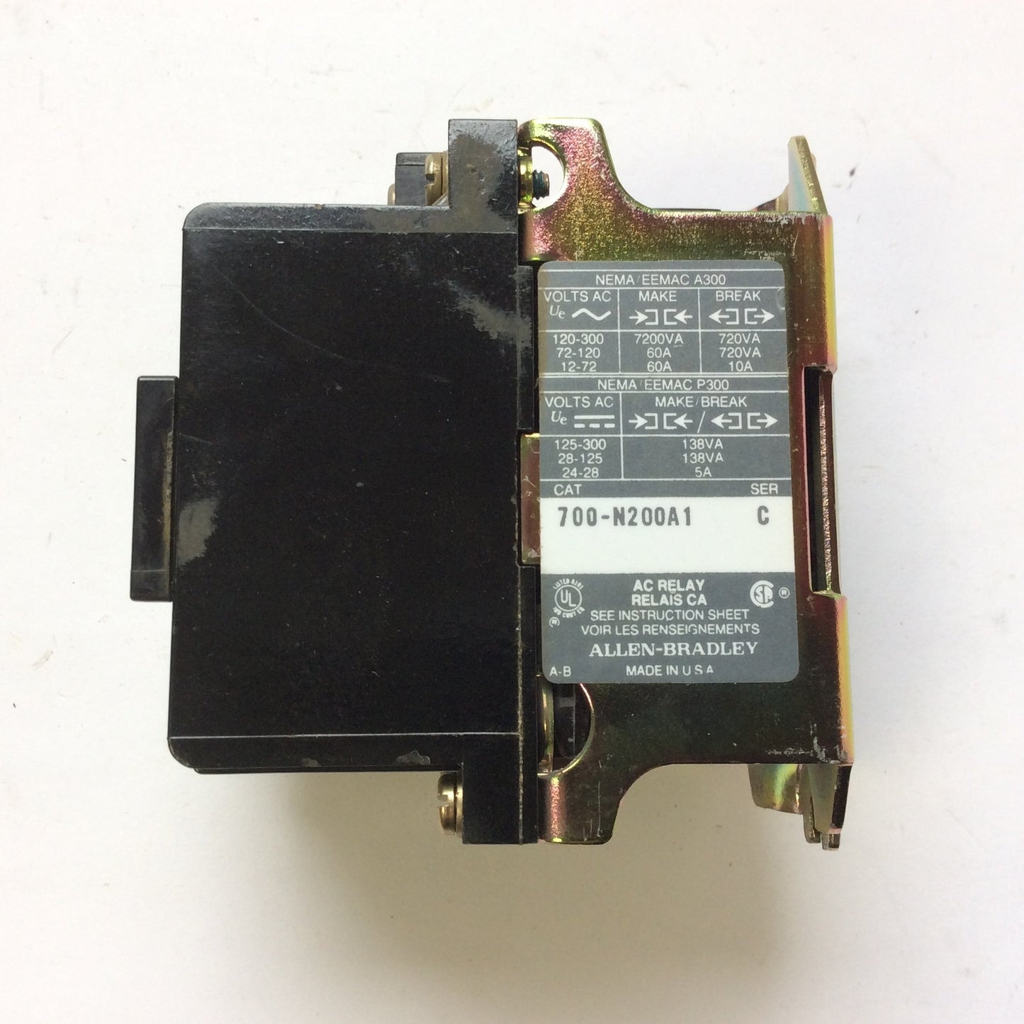 Used Allen Bradley 700-N200A1 Relay Contactor Coil: 110/120VAC 50/60Hz Contacts: 300V