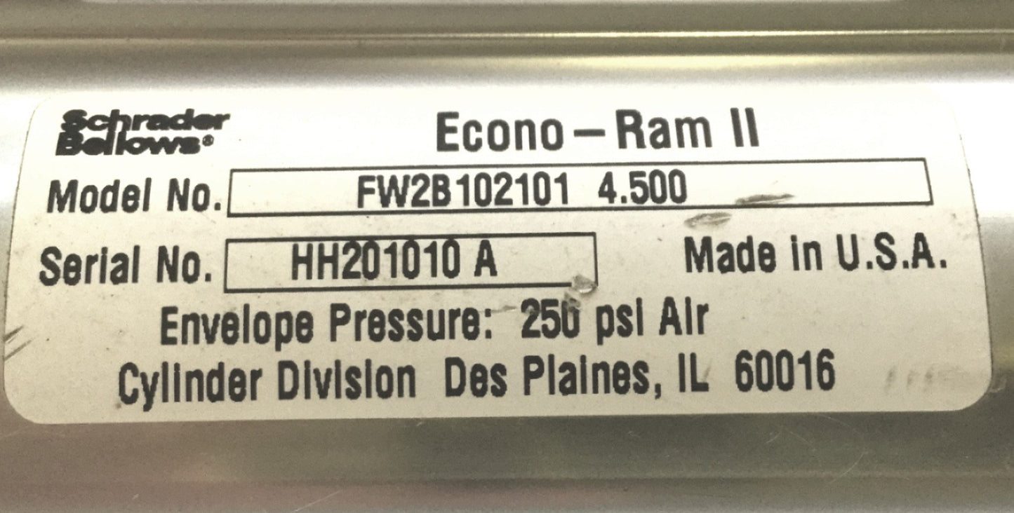 Used Schrader Bellows Econo Ram II FW2B102101 4.5 Air Cylinder, NEMA 23, W/Plate