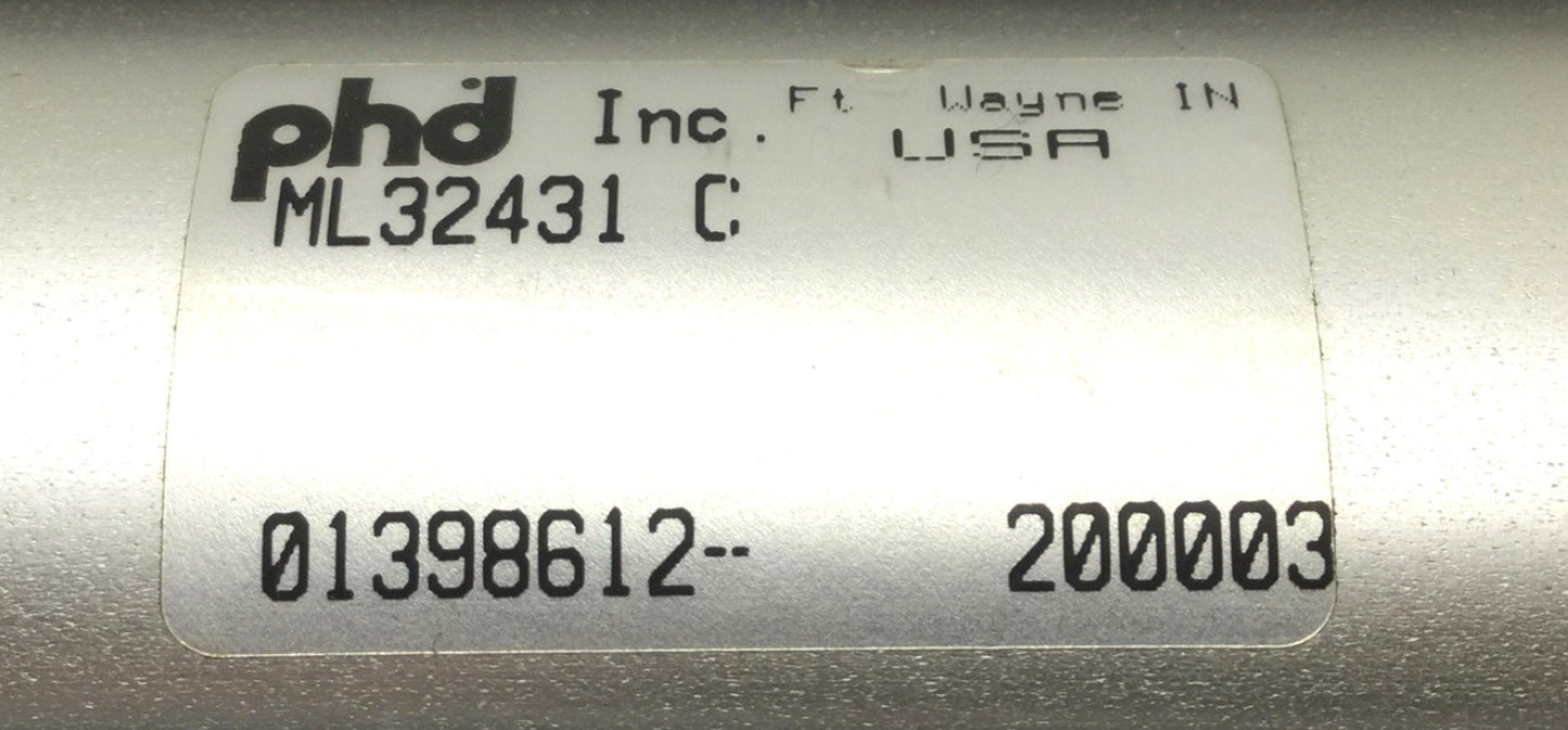 Used PHD ML32431 C Pneumatic Cylinder 12" Stroke, 1/4" NPT, 1.375" x 1.375" Mounting