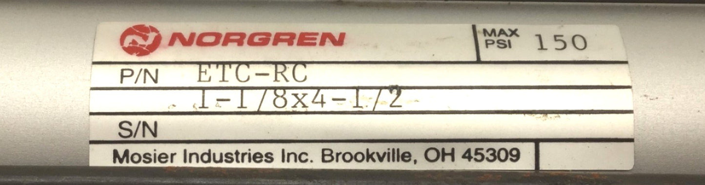 Used Norgren ETC-RC-1-1-/8X4-1/2 Pneumatic Cylinder, Stroke 4.5", Bore: 1.125"
