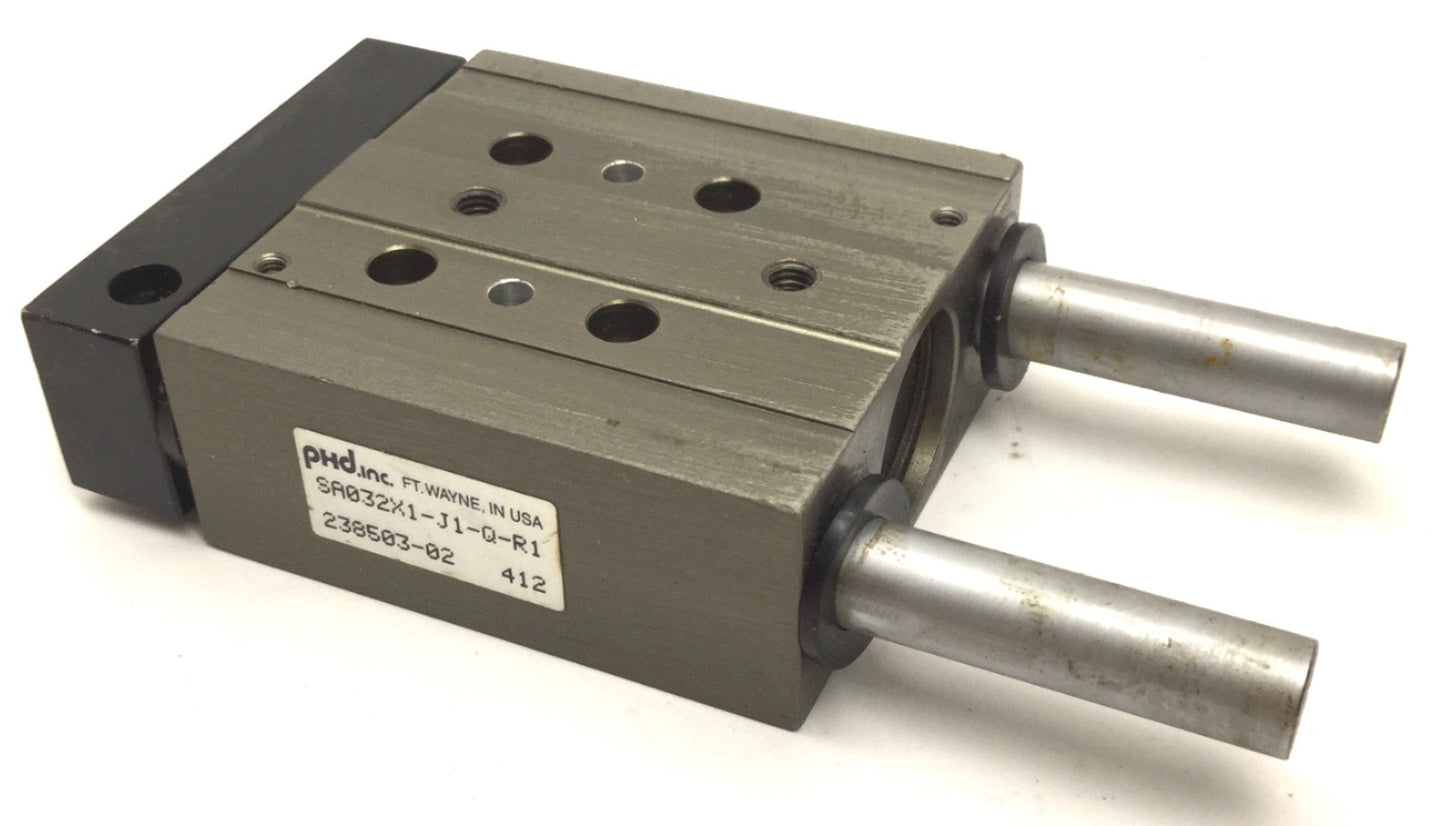 Used PHD SA032X1-J1-Q-R1 Pneumatic Guided Cylinder, Stroke: 1", Ports: 10-32
