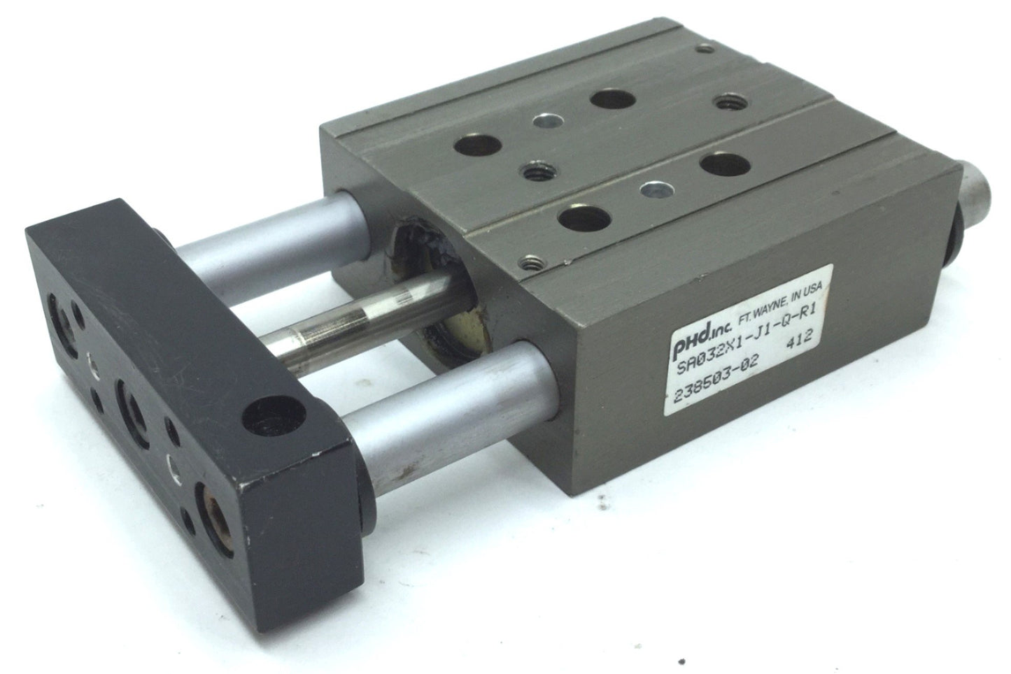 Used PHD SA032X1-J1-Q-R1 Pneumatic Guided Cylinder, Stroke: 1", Ports: 10-32