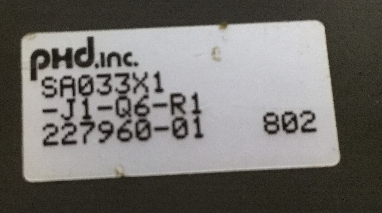 Used PHD SA033X1-J1-Q6-R1 Pneumatic Guided Cylinder, Stroke: 1", Ports: 10-32