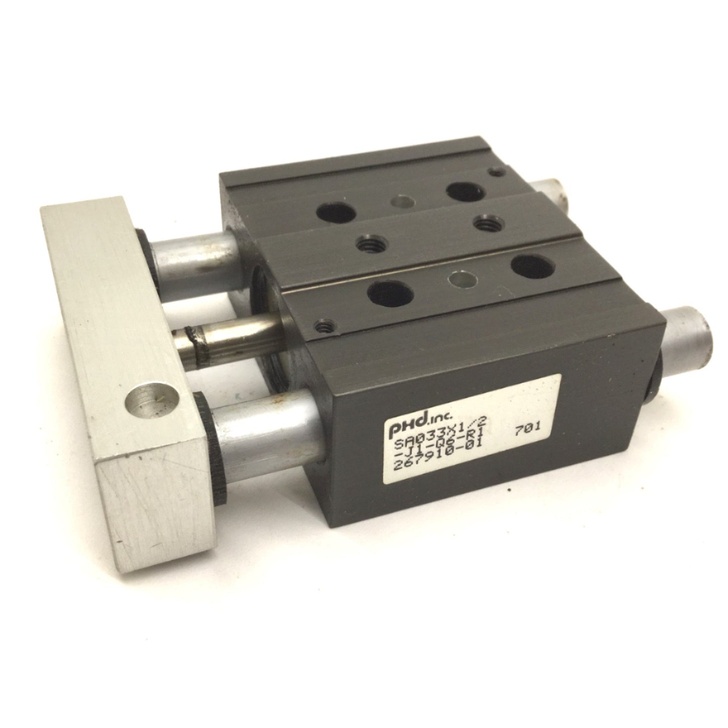 Used PHD SA033X1/2-J1-Q6-R1 Pneumatic Guided Cylinder, Stroke: 1", Ports: 10-32
