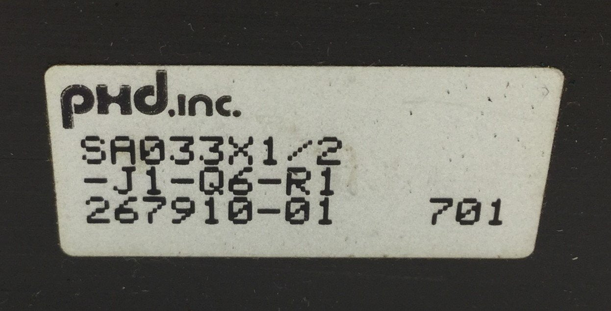 Used PHD SA033X1/2-J1-Q6-R1 Pneumatic Guided Cylinder, Stroke: 1", Ports: 10-32