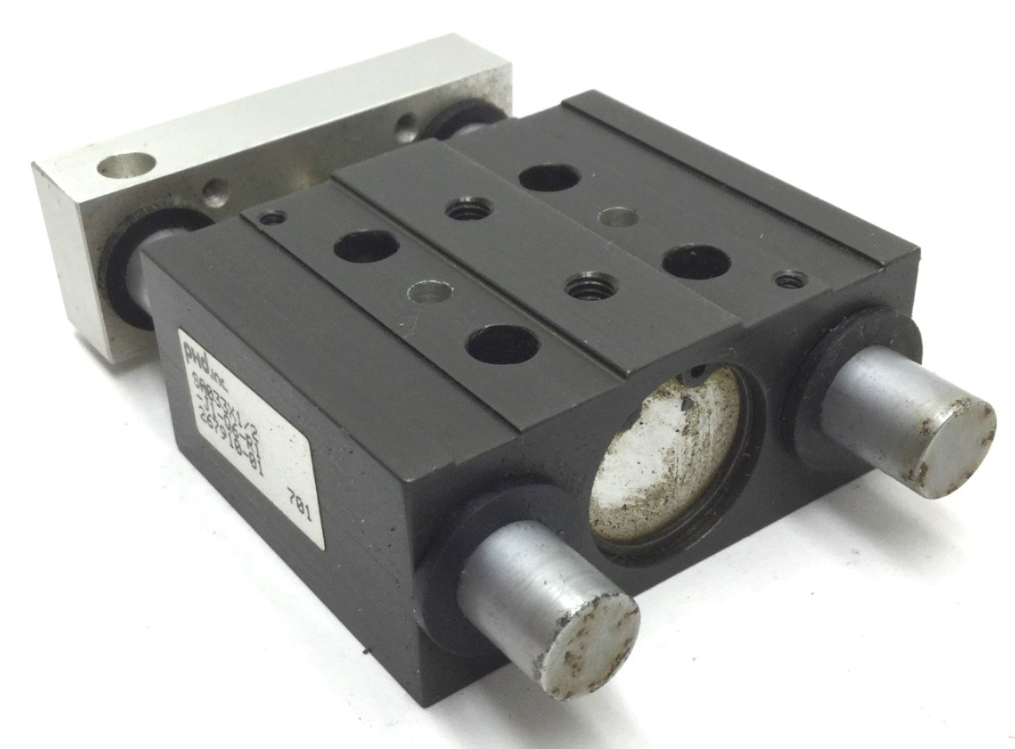 Used PHD SA033X1/2-J1-Q6-R1 Pneumatic Guided Cylinder, Stroke: 1", Ports: 10-32