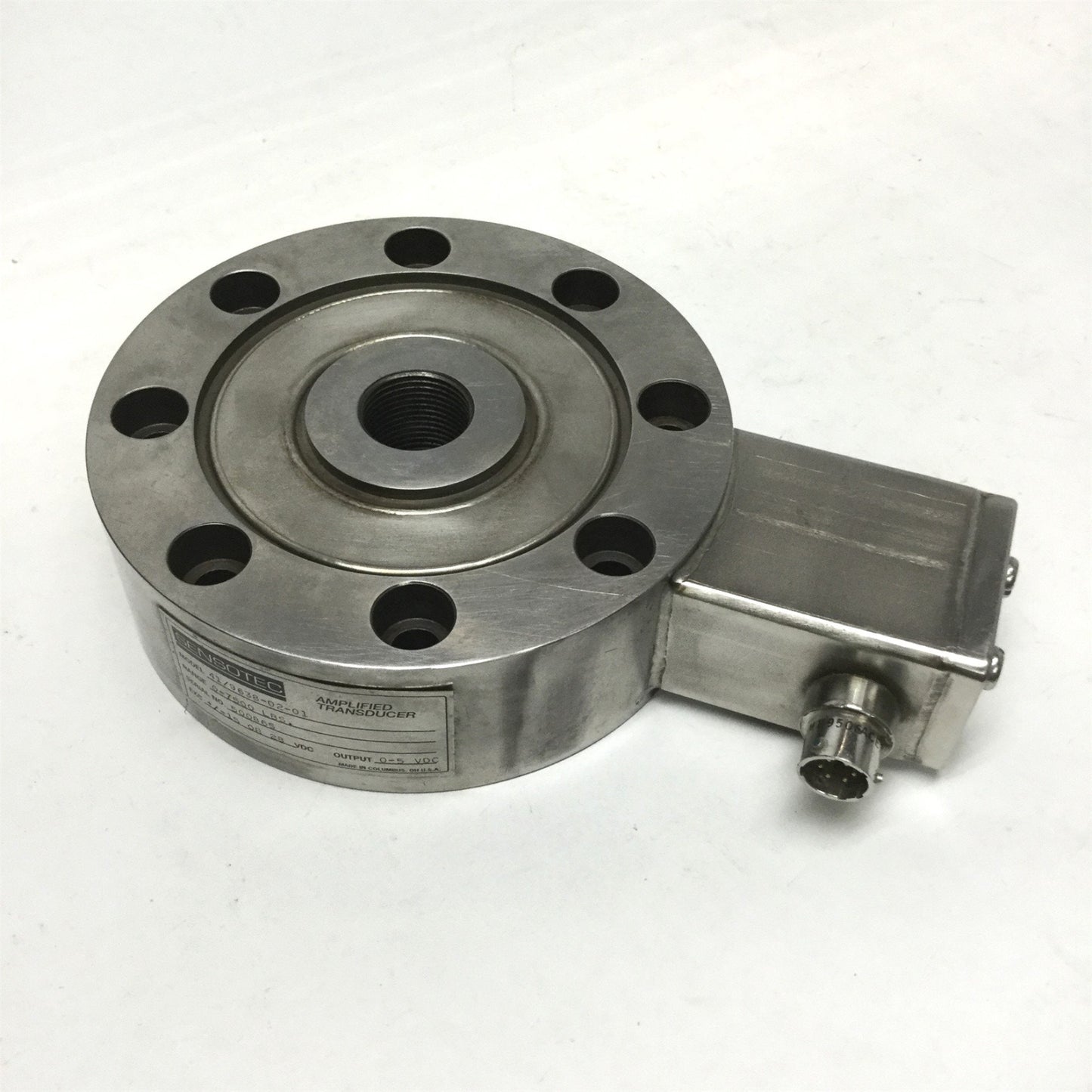 Used Sensotec Model 41 Amplified Transducer SS Pancake Load Cell 7500lb, 0-5VDC