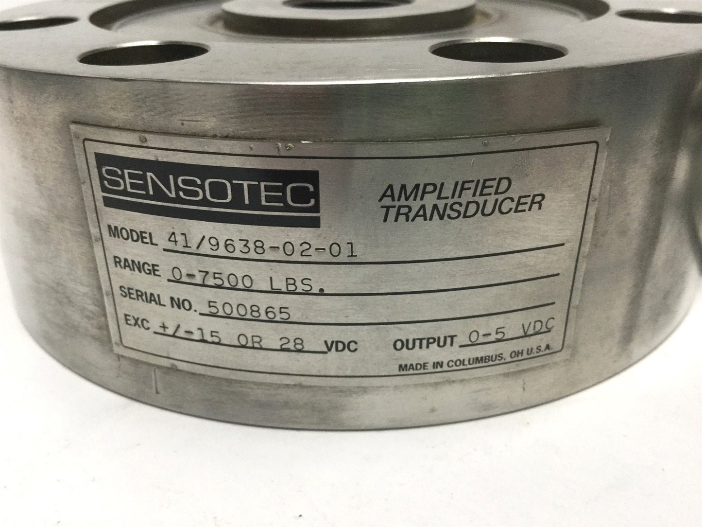 Used Sensotec Model 41 Amplified Transducer SS Pancake Load Cell 7500lb, 0-5VDC