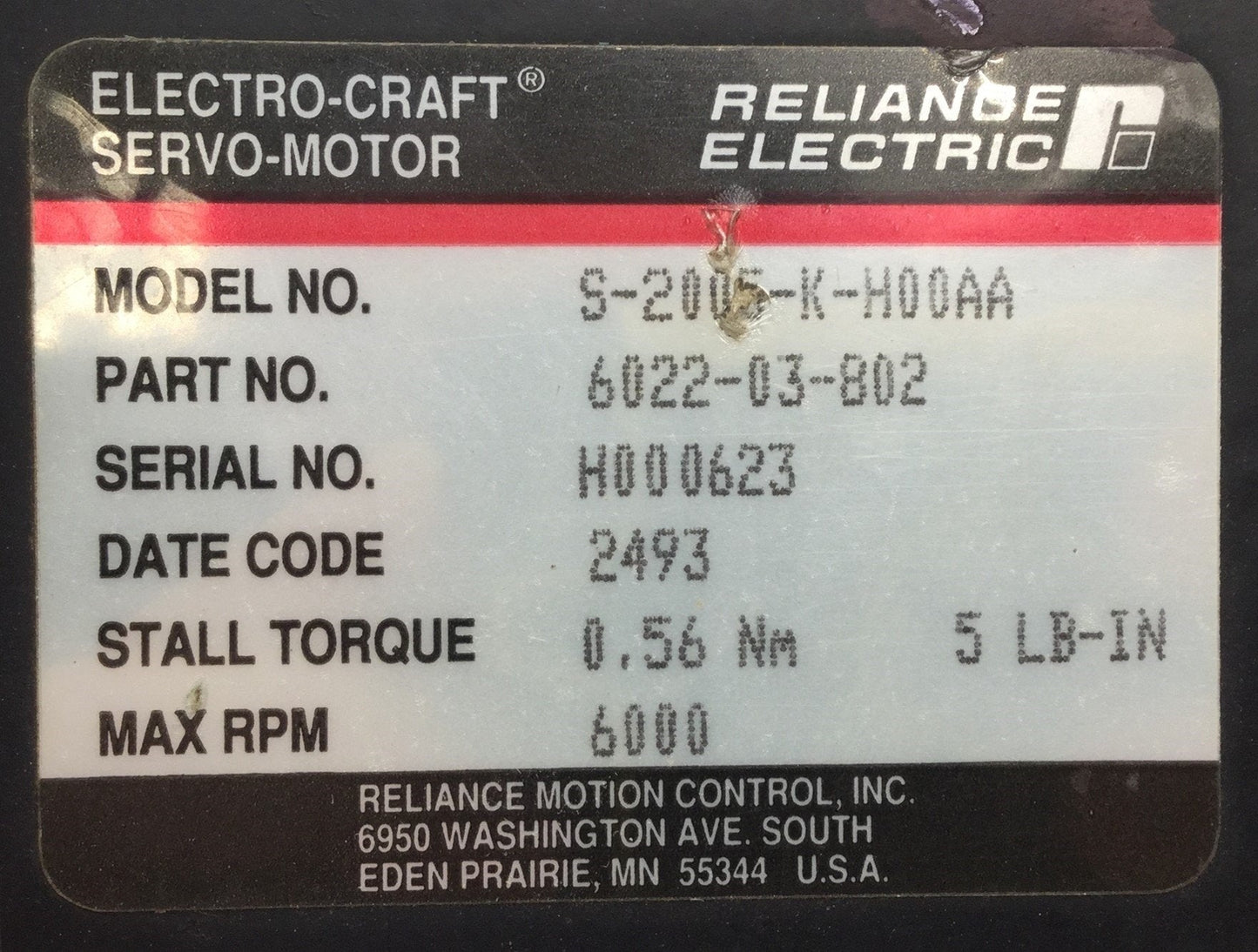 For Parts Reliance Electric S-2005-K-H00AA Servo Motor, 6000 Max RPM, *For Parts*