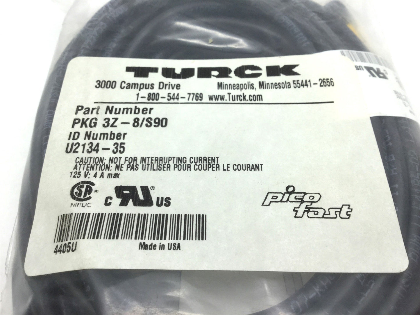 New Turck PKG 3Z-8/S90 Cordsets Picofast M8 3-Pin, Length: 8 Meters