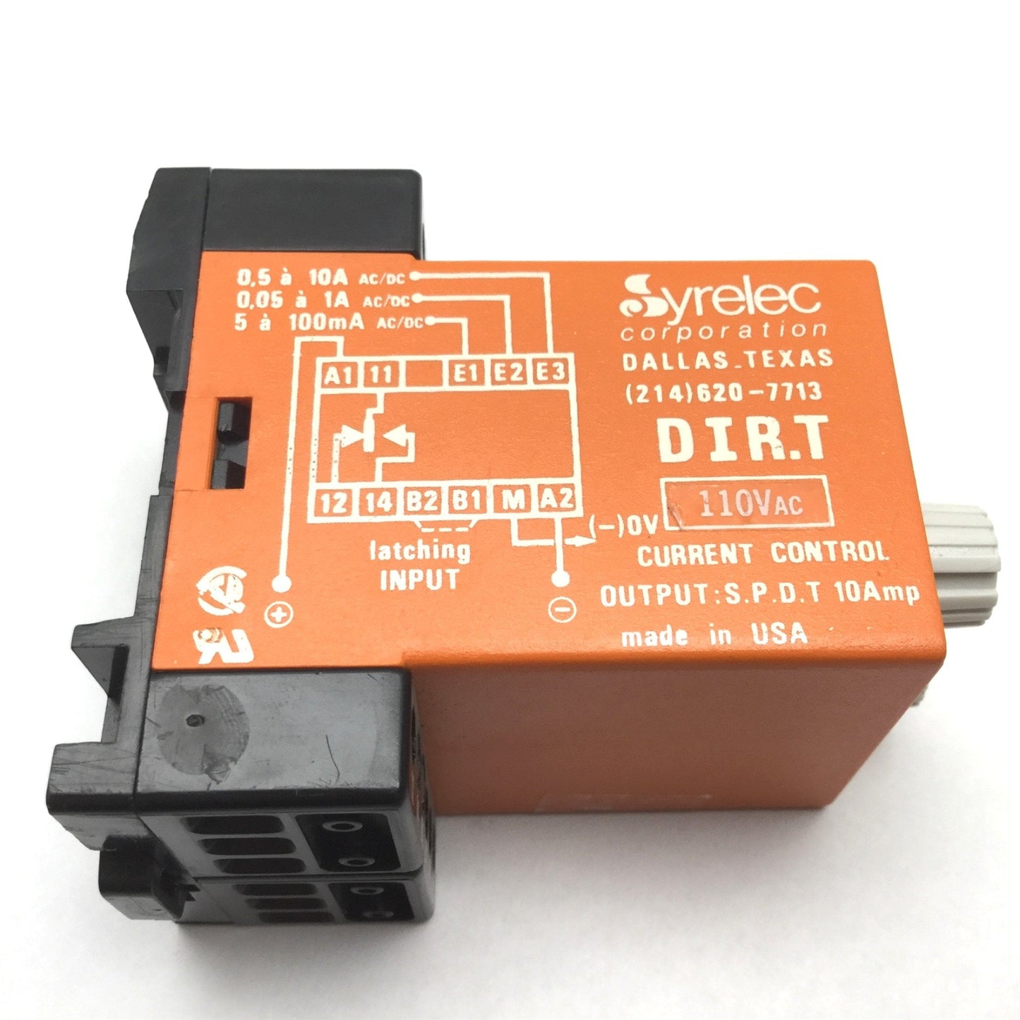 Used Syrelec DIR.T Current Control Relay, Input: 110VAC, Output: SPDT 10A