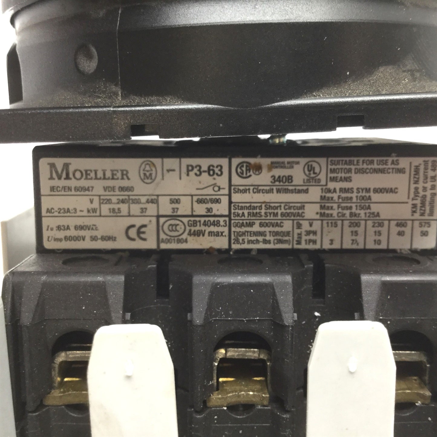 Used Moeller P3-63 Disconnect Switch, 3-Pole W/ Auxiliary Contact, Rating: 63A 690VAC
