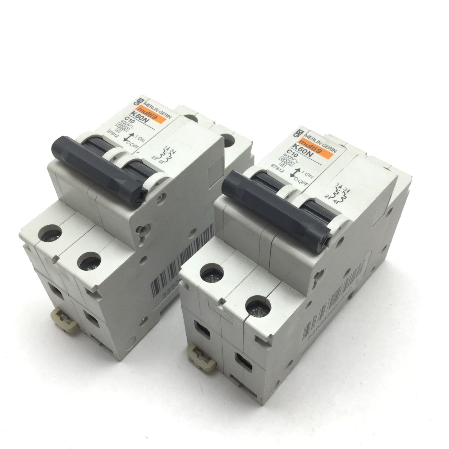 Used Lot of 2 Merlin Gerin K60N C10 Circuit Breaker, 2-Pole, Rating: 400VAC 10A