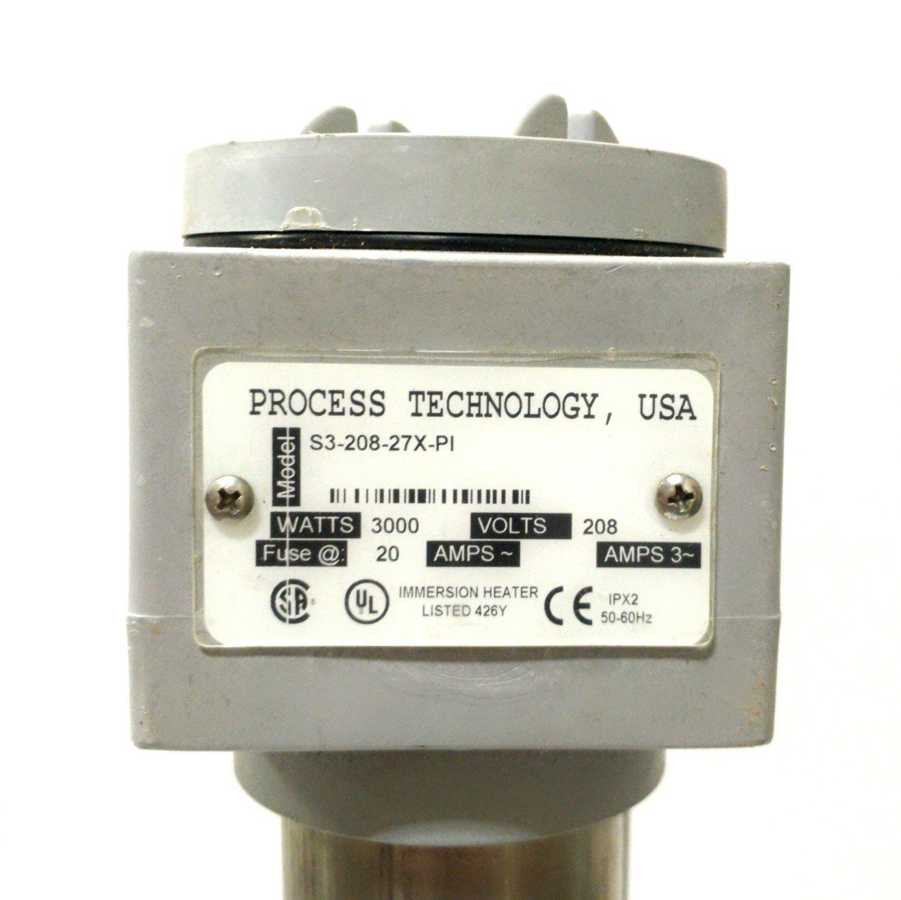 Used Process Technology S3-208-27X-PI SS Immersion Tank Heater 17¾ x Ø2" 3000W 208VAC