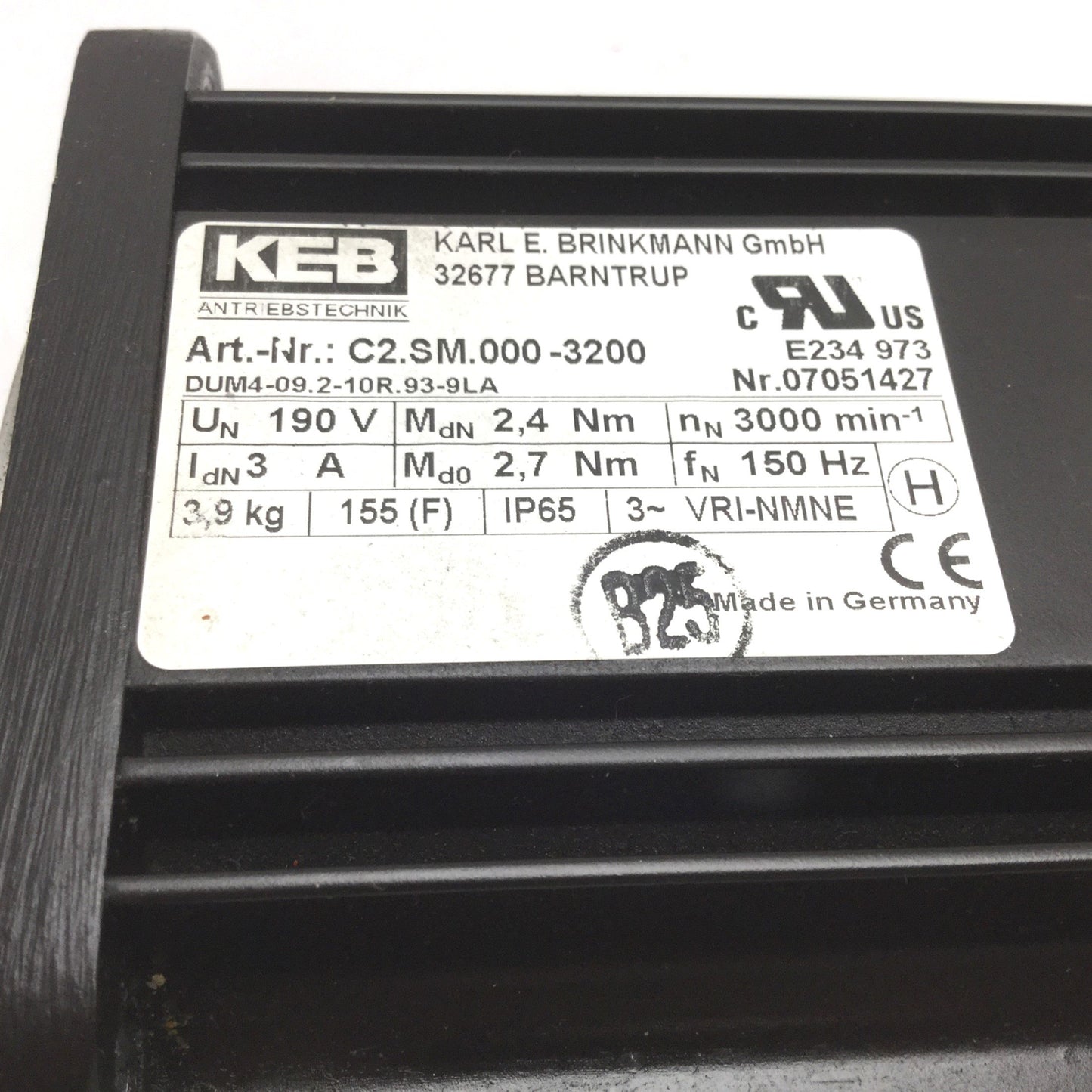 Used KEB C2.SM.000-3200 Combivert AC Motor, 3-Phase, 190V, NEMA 34, 14mm Shaft