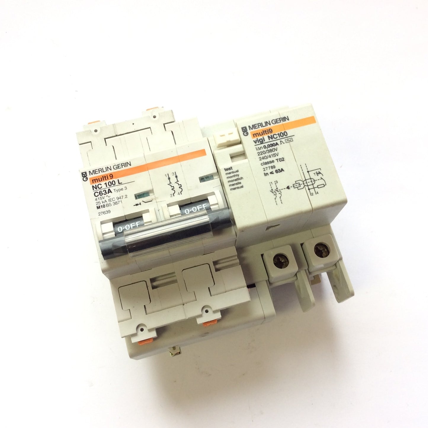 Used Merlin Gerin multi9 NC100L 27639 Circuit Breaker C63A 2P 63A, Vigi NC100 27789