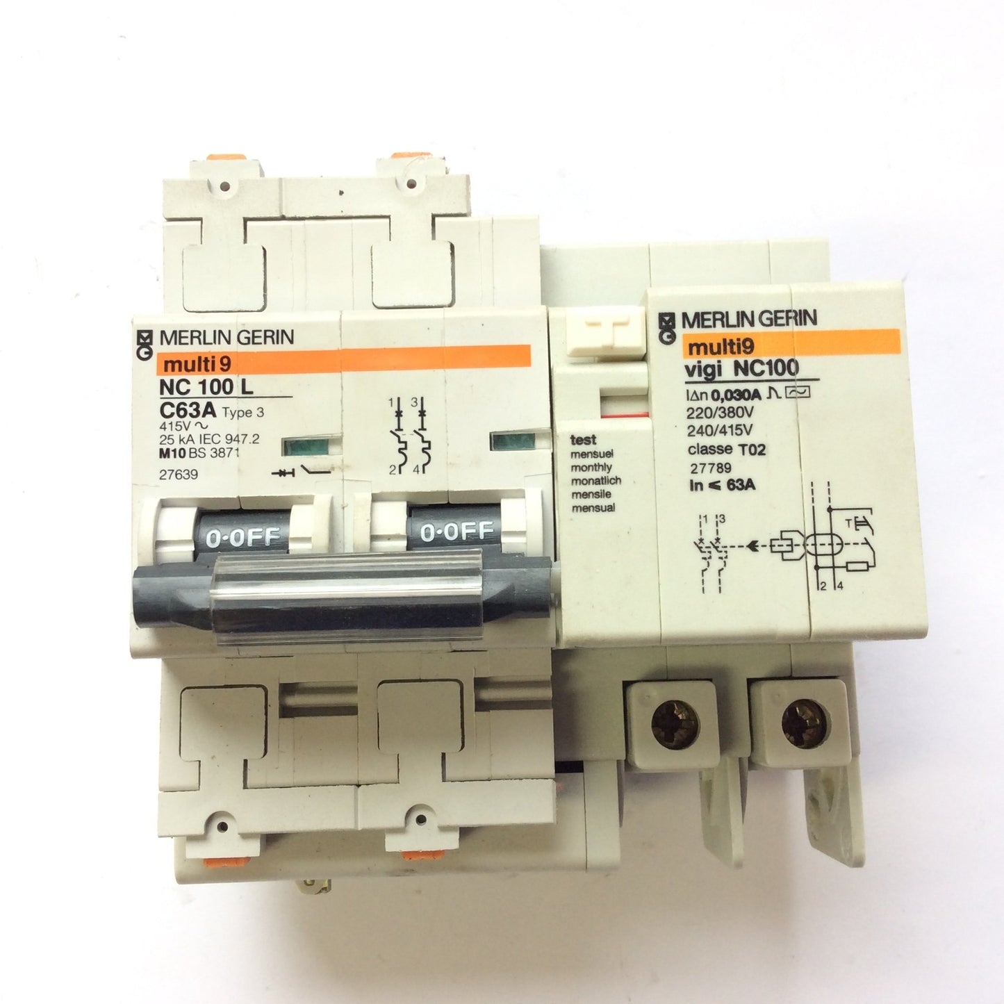 Used Merlin Gerin multi9 NC100L 27639 Circuit Breaker C63A 2P 63A, Vigi NC100 27789