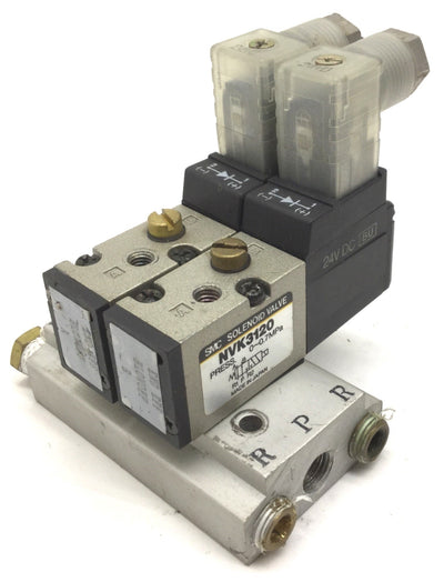 Used Bank of 2 SMC NVK3120 Solenoid Valves 2-Position 5-Way, 24VDC, Pressure: 0.7MPa