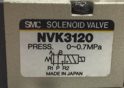 Used Bank of 2 SMC NVK3120 Solenoid Valves 2-Position 5-Way, 24VDC, Pressure: 0.7MPa