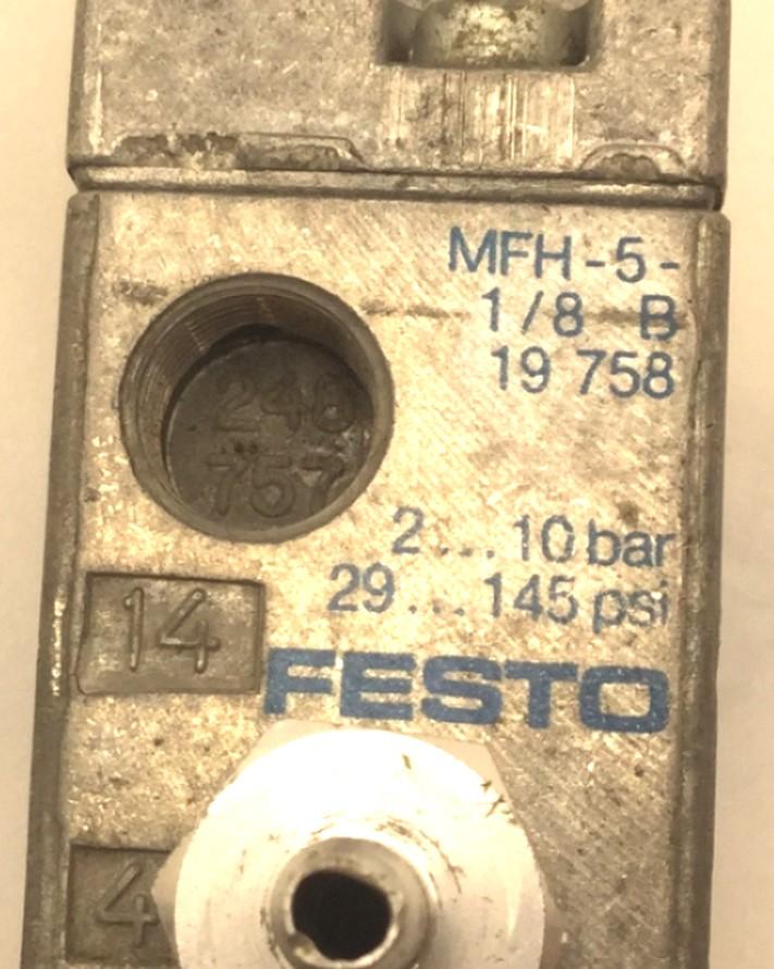 Used Festo MFH-5-1/8-B Solenoid Valve, 2-Position 5-Port, Pressure: 28-145psi/2-10bar