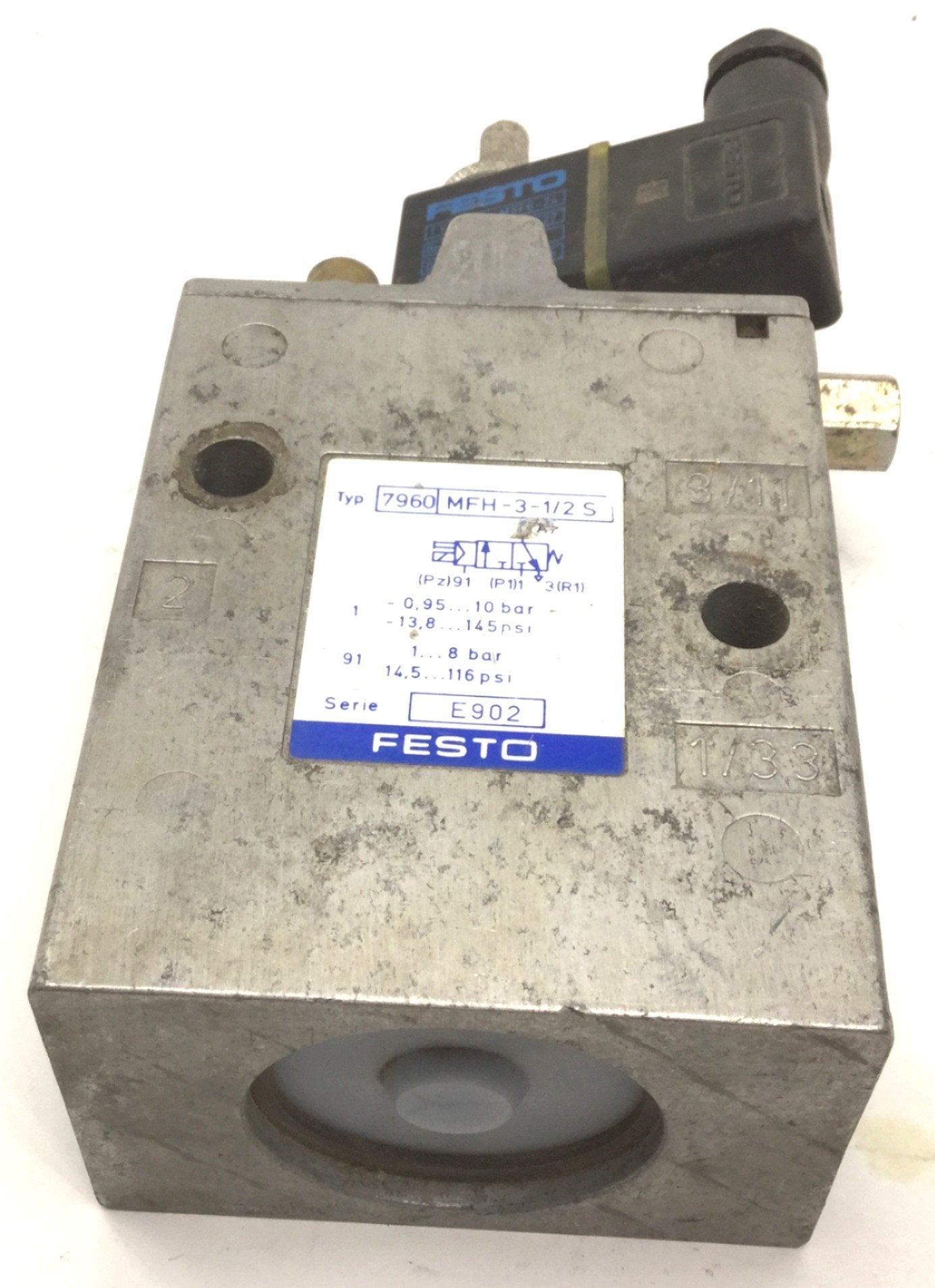Used Festo MFH-3-1/2 S Pneumatic Solenoid Valve, Normally Closed, 1/2 NPT
