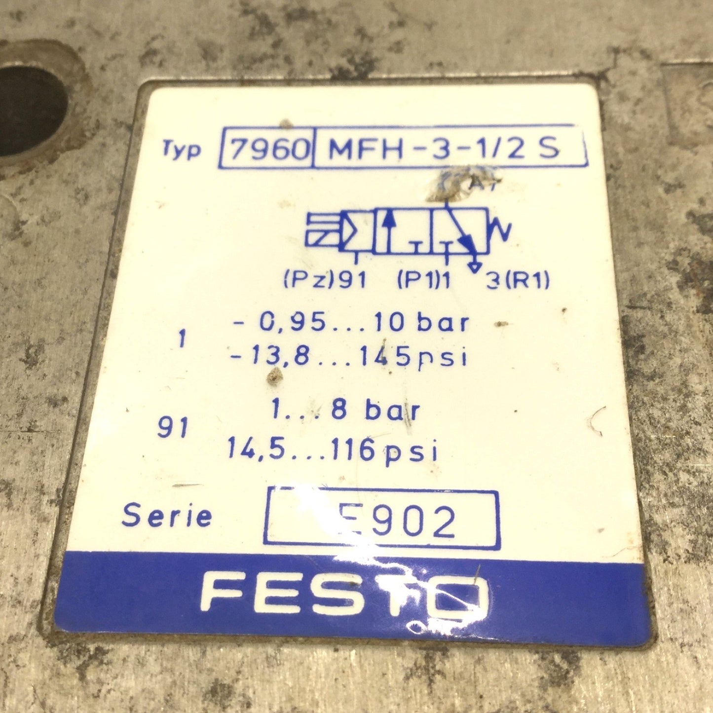 Used Festo MFH-3-1/2 S Pneumatic Solenoid Valve, Normally Closed, 1/2 NPT