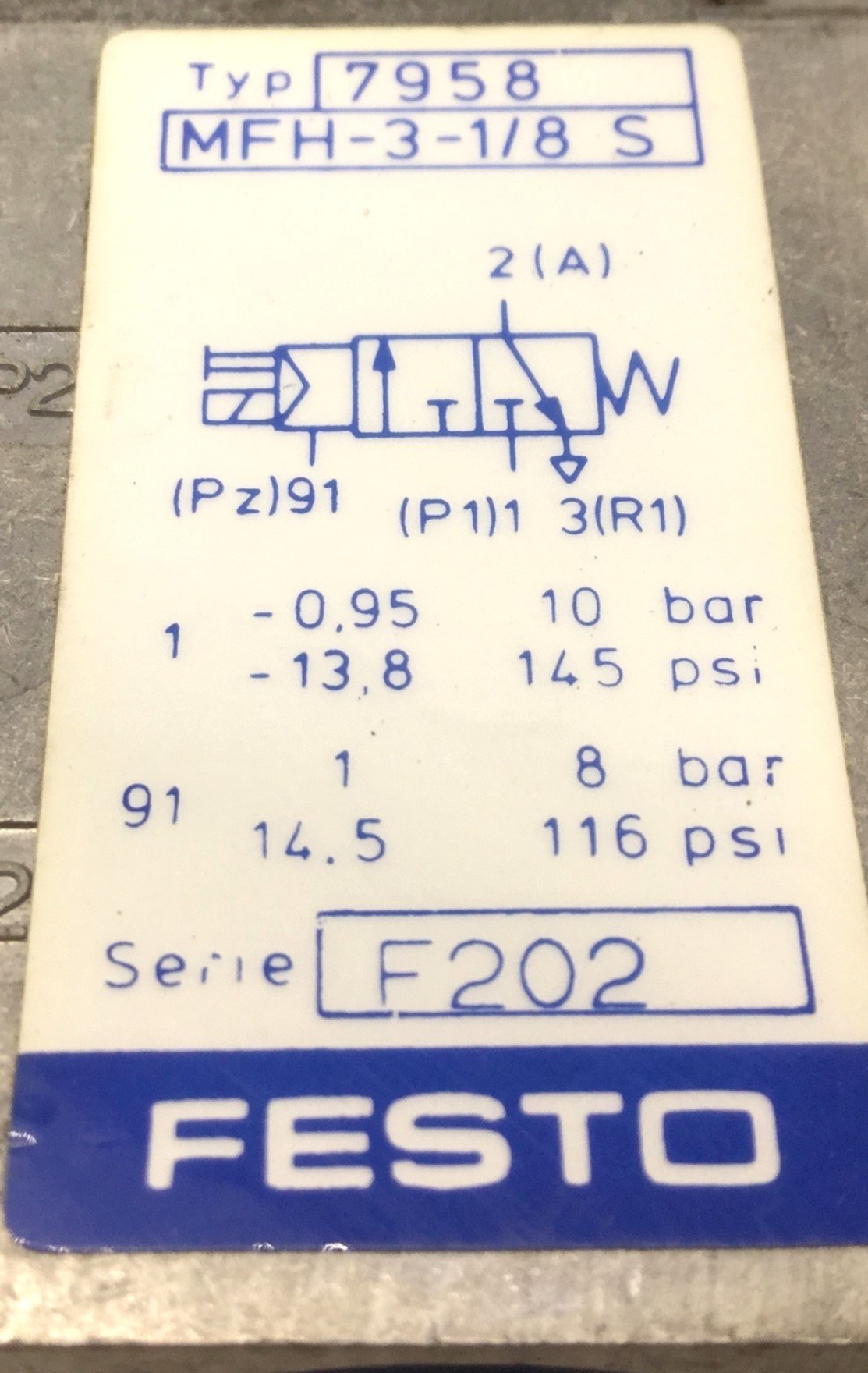 Used Festo MFH-3-1/8 S Pneumatic Solenoid Valve, 2-Position 3-Way, Ports: G1/8