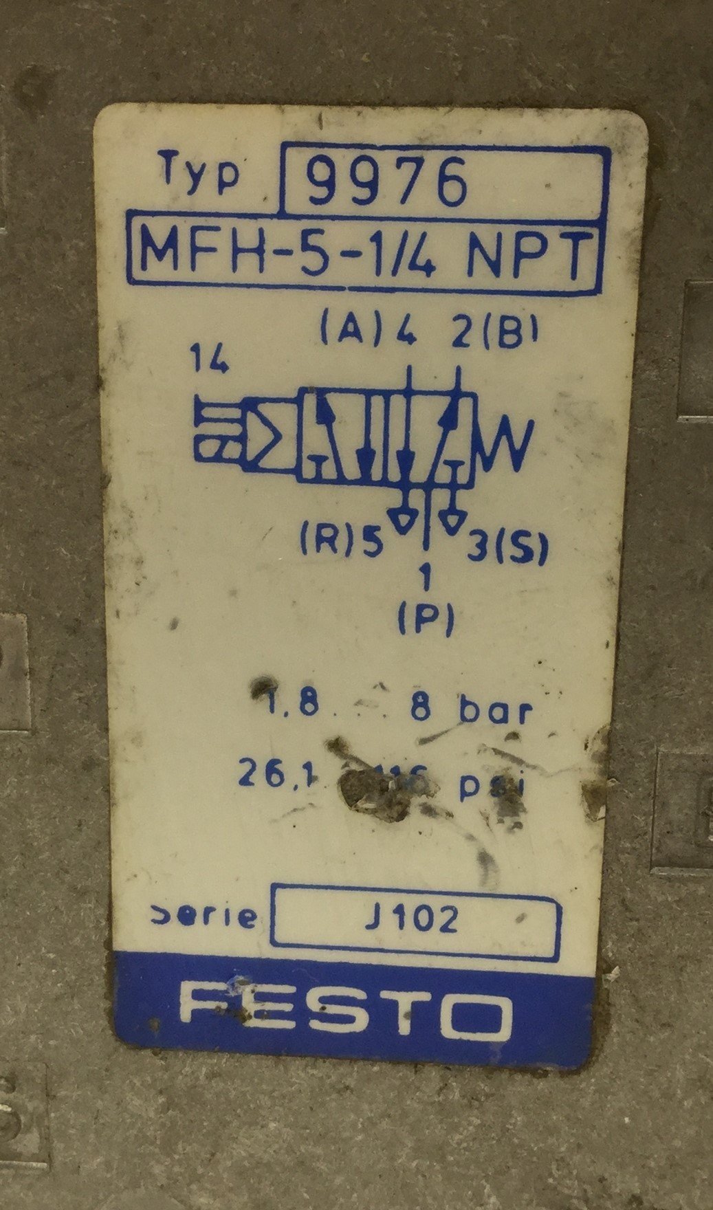Used Festo MFH-5-1/4 NPT Solenoid Valve, 2-Position 5-Way, Pressure: 1.8-8bar
