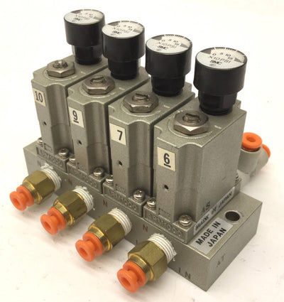 Used Bank of 4 SMC ARM1000 Manifold Regulators With Gauges, Max: 0.8MPa (116psi)