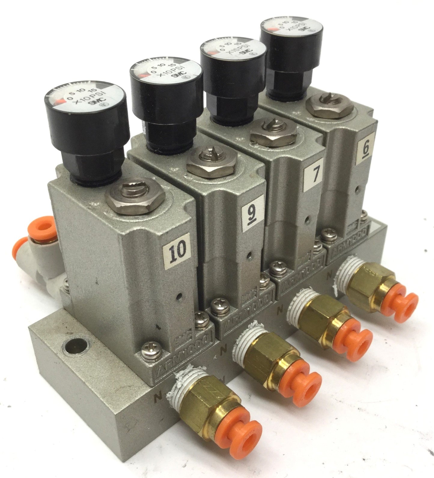 Used Bank of 4 SMC ARM1000 Manifold Regulators With Gauges, Max: 0.8MPa (116psi)