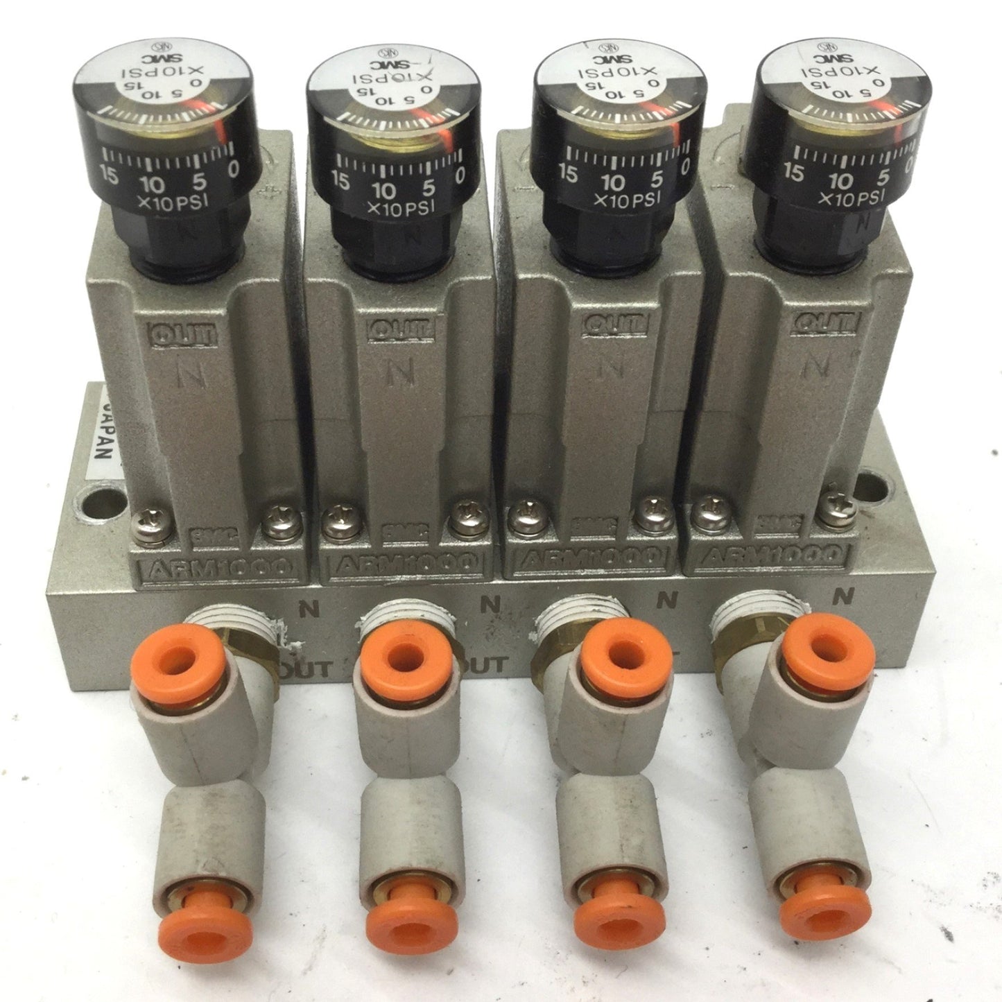 Used Bank of 4 SMC ARM1000 Manifold Regulators With Gauges, Max: 0.8MPa (116psi)