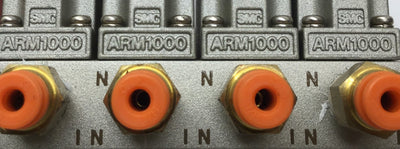 Used Bank of 4 SMC ARM1000 Manifold Regulators With Gauges, Max: 0.8MPa (116psi)