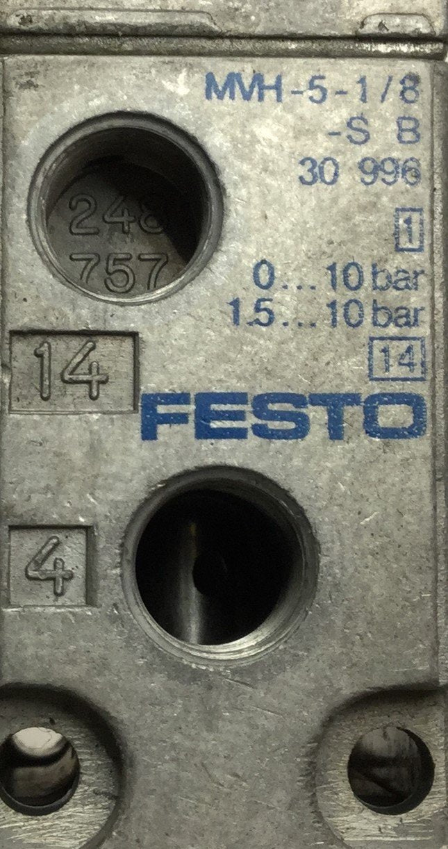 Used Festo MVH-5-1/8-S-B Solenoid Valve, 2-Position 5-Port, Voltage: 24VDC, 2.5W