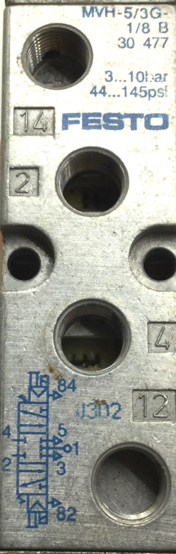 Used Festo MVH-5/3G-1/8-B Solenoid Valve, Voltage: 20.4-26.4VDC, 3-Position 5-Port