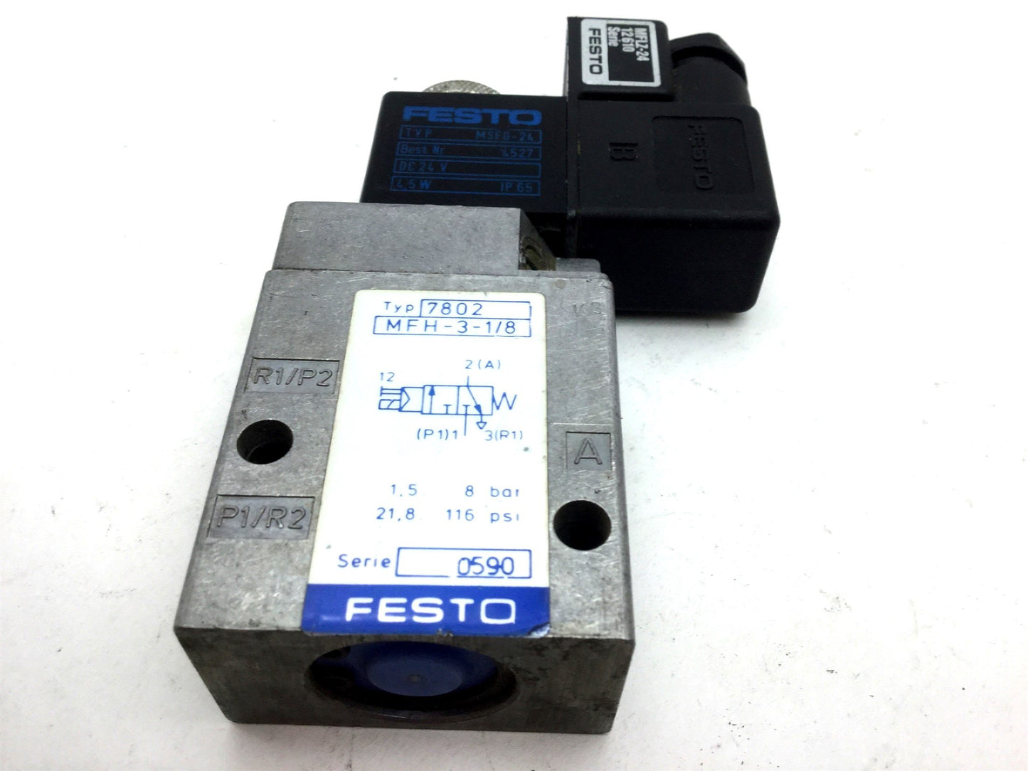 Used Festo MFH-3-1/8 MSFG-24 Solenoid Valve 2-Pos 3-Way Ports: G1/8 24VDC LED MFLZ-24