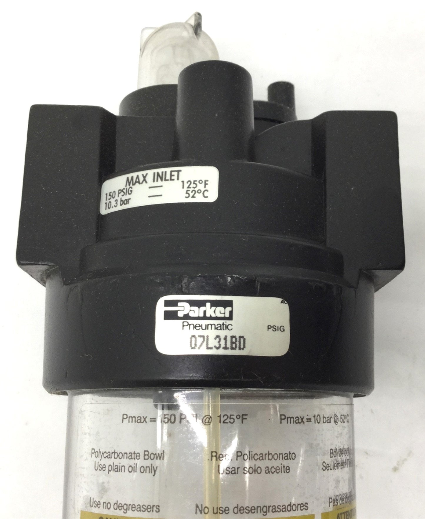 New – Open box In Box Parker 07L31BD Pneumatic Lubricator, Inlet Max: 150PSIG, 1/4" NPT